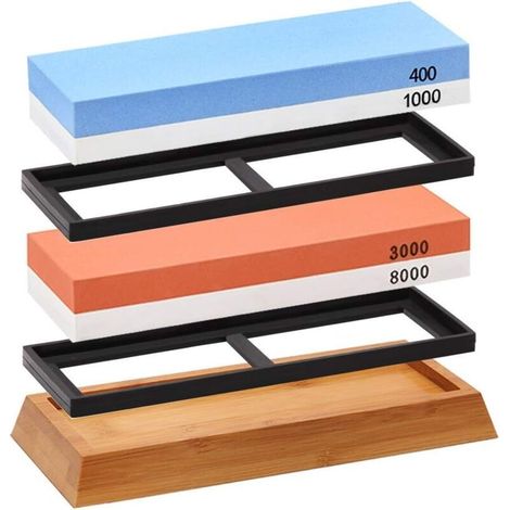 Ensemble de Pierres à Aiguiser pour Couteaux. Kit d'Affûtage Premium avec Base en Bambou Antidérapante