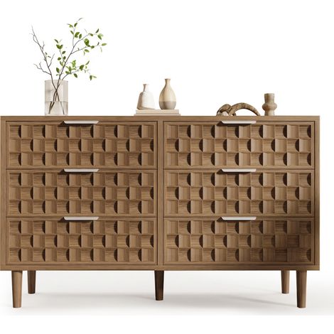 Kommode mit 6 Schubladen, Fronten mit Gittermuster, Retro-Stil, für Wohnzimmer, MDF, 120 x 37 x 77 cm, Eiche (1/5)