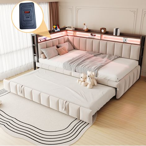 Cama sofá moderna 90x200 cm en terciopelo beige, extensible, con LED, estantes y puertos USB/Type-C (1/5)