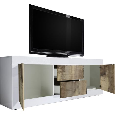 TV-Möbel Sinello, modular: 2 Schubladen, 1 Regal, Made in Italy, 210x43x65 cm, Weiß Hochglanz