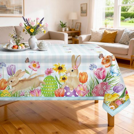 Ostern Tischdecke Rechteckig 140x180 cm mit Tulpen & Hasenmotiv, waschbar