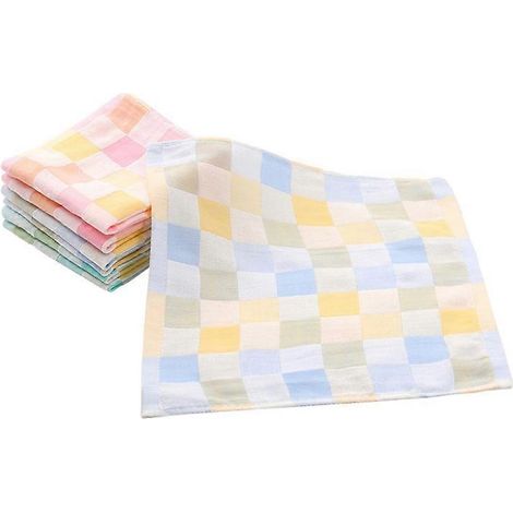 Serviette de toilette carrée en double gaze de coton pur pour bébé, petite serviette en coton à carreaux, lot de 6, couleurs aléatoires, pour recueillir la salive de bébé. (1/5)