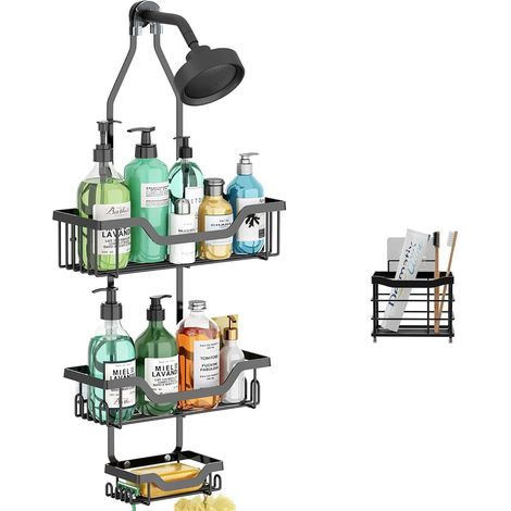 Portaoggetti da doccia sospeso a tre livelli con 12 ganci per asciugamani, spugna, rasoio, portasapone e porta dentifricio. Ideale per il bagno. Resistente alla ruggine. (1/5)