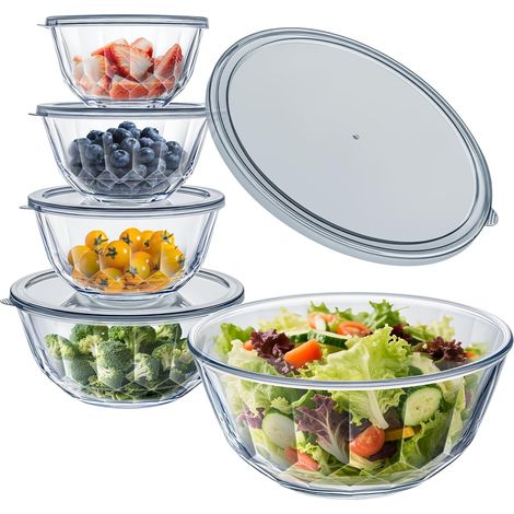 Lot de 5 Saladiers en Verre, 0,8L à 4,45L, Motif Diamant, Couvercles Gris, Empilables, Cuisine