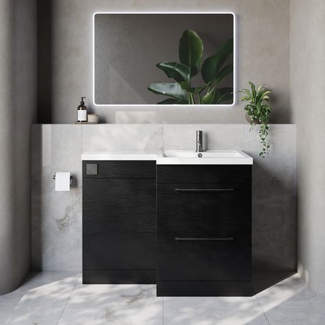 Napoli 460 Nero Oak 1100mm 2 Drawer Vanity Unit Toilet Suite with Right Hand Square Lucia Basin - 1100mm - Gunmetal Grey 320mm HandleWithout Kingston Toilet Pan