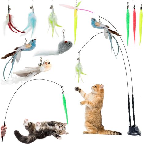 13 Pièces Jouet Chat Interactif, Interieur Jouets pour Chats avec Ventouse, 2 Canne à Pêche pour Chaton, Oiseaux à Clochettes Plume Jouet Chaton, Jouets Intelligence Chat Baguette (1/5)