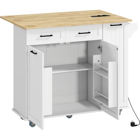 Îlot de cuisine mobile avec prise électrique et port USB, tablette rabattable, étagère ajustable blanc (1/5)