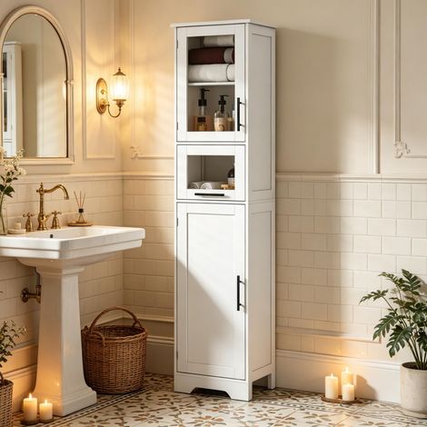 Mueble de columna para baño, armario alto independiente con 1 cajón, 2 puertas y estantes ajustables. (1/5)