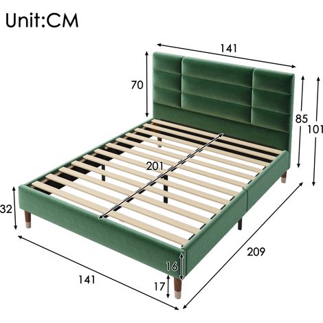 Lit capitonné, lit double avec sommier à lattes, cadre de lit capitonné 140x200cm avec tête de lit, en velours vert foncé, pour adultes et adolescents (1/5)