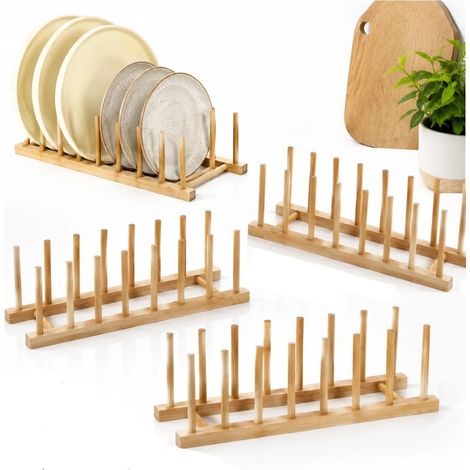 Lot de 4 Supports Assiettes Bambou, Égouttoir à Vaisselle en Bambou 8 Compartiments, Porte-Assiettes Multi-Usage pour Planches, Couvercles, Bols (1/5)