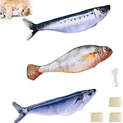 Lot de 3 Jouets pour Chats, 18 cm Jouet Chat Interactif Électrique avec Herbe à Chat, Jouet Poisson Réaliste pour Chat d'Intérieur, 3 Modes, Rechargeables par USB (Sardine/Saury/Courbine Jaune)