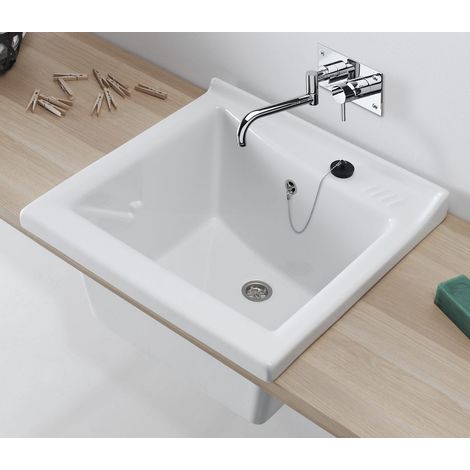 Indusa – Bac à laver céramique 64 x 61 cm – Cuve profonde 30,2 cm – Finition grès émaillé – Installation encastrée pour petits espaces