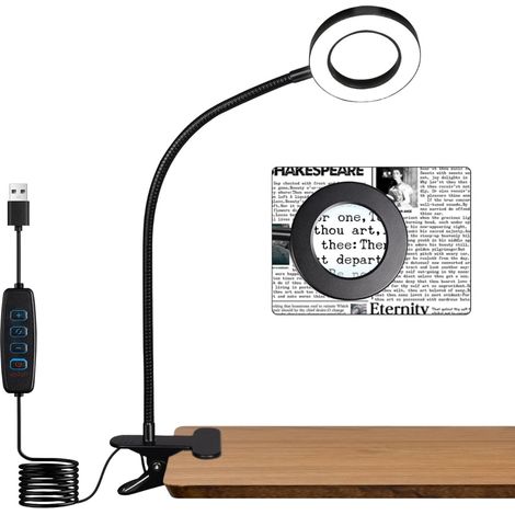 Lampe loupe de bureau à pince avec grossissement 5 fois 10 niveaux de luminosité et 3 modes de couleur avec adaptateur 5 V 2 A pour lecture bricolage dessin et travaux de précision couleur noire (1/5)
