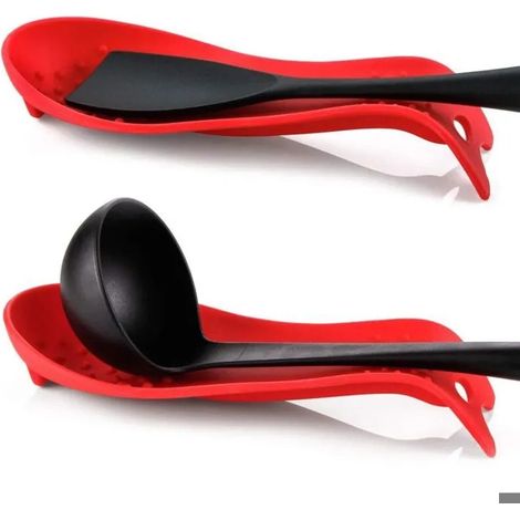 Repose-cuillère en silicone pour cuisinière, porte-ustensiles de cuisine pour plan de travail - (lot de 2, rouge) (1/5)
