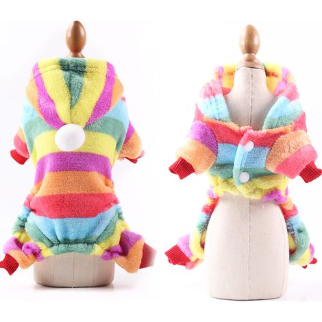 Vêtement pour chien : modèle en flanelle à quatre pattes avec rayures colorées et pompons taille XL, longueur de dos de 40 cm, adapté aux chiens de taille moyenne. (1/2)