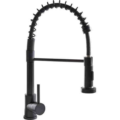 Grifo de cocina moderno con rociador extraíble mezclador con resorte de acero inoxidable acabado mate caño giratorio negro Maihue