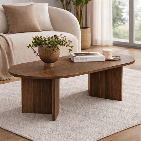 Ovaler Couchtisch aus Walnuss-Melamin – Japandi – 119 x 60 cm –