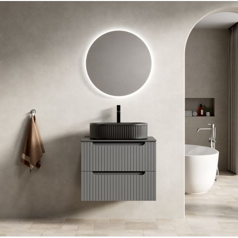 Mueble de baño con lavabo ovalado (60x46x62.2 cm), cierre suave, piedra sinterizada, cerámica, negro y gris oscuro (1/5)