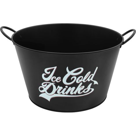 Vintage Metall Getränkekühler schwarz rund mit Griffen - 40 x 23 cm - Retro Flaschenkühler 29 L mit Aufdruck Ice Cold Drinks