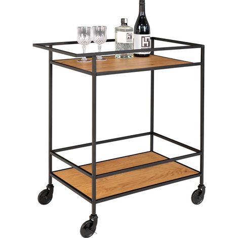 Carrello bar Vita a 2 ripiani effetto rovere con struttura in acciaio nero, 68×40×79 cm