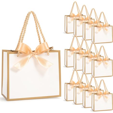 Lot de 12 petits sacs cadeaux avec nœuds en ruban, 14 x 6 x 12 cm/5,51× 2,36× 4,72 pouces, mini sacs à dragées blancs avec poignées pour anniversaires, fête de mariage, fête prénuptiale, baby shower (1/5)
