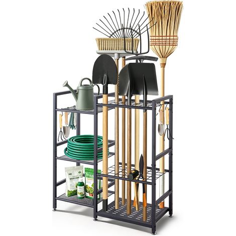 VEVOR Organisateur deOutils de Jardin a 3 Niveaux, Support de Rangement en Acier, avec Etageres et Crochets, Porte-Outils pour Rateaux, Pelles et Balais, Garage, Abri de Jardin et Exterieur, Noir (1/5)
