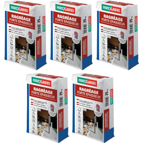 Parexlanko – Lot de 5 ragréages forte épaisseur – Autonivelant jusqu'à 40mm – Pour carrelage et revêtements PVC – 125kg pour 15m²