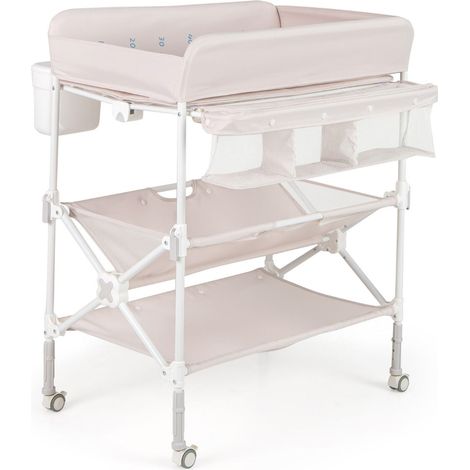 Table à langer portable avec roulettes 80 x 66 x 99-104 cm pliable et réglable ergonomique design en rose