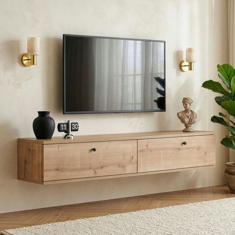 Meuble TV suspendu 2 portes décor chêne 140 cm MARFA (1/5)