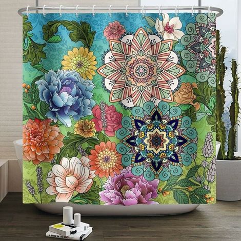 180Lx180Hcm Rideau de Douche Abstrait Bohême Fleurs Feuillage Rideau de Baignoire Anti Moisissure Imperméable Tissu Polyester Lavable Rideau Salle de Bain avec 12 Crochets (1/5)
