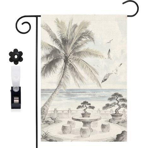 Drapeau de jardin palmier et plage de sable 30 x 45 cm décoration extérieure jardin (1/5)