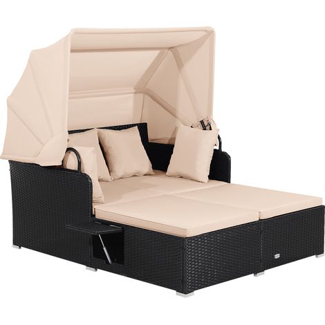 Costway – Transat bain de soleil 2 places en rotin – Auvent rétractable – Panneaux latéraux pliables – Coussins d’assise et dossier – Charge 360kg – Beige