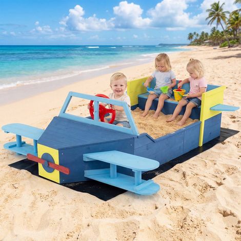 Arenero infantil de madera con base y banco, color azul. (1/5)
