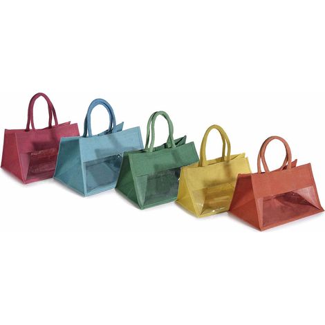 Sacs en jute avec fenêtre et anses en corde de coton pour emballages cadeaux, lot de 5, 36 x 29 x H. 24 cm (44 cm avec anses)