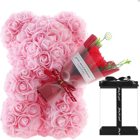 Ours en peluche rose avec bouquet de roses, cadeau d'anniversaire ou de fête des mères pour petite amie, épouse, maman ou fille (rose) (1/5)