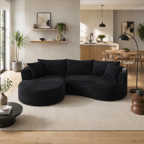 Divano 3 posti nero in tessuto effetto corda con chaise longue sinistra, portabicchieri e cuscini,264x168x76 cm (1/5)