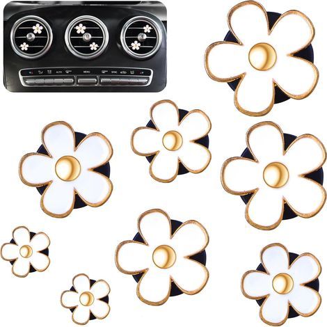 Lot de 8 accessoires d'intérieur de voiture - Motif marguerites - Désodorisant de voiture à clip - Décoration d'intérieur - Pour femme - Blanc (1/5)