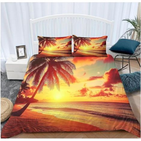 Housse de Couette 90x190 cm Coucher De Soleil Plage Parure de lit Fermeture Éclair Ensemble Polyester 2 Taie d'oreiller - V5C (1/4)