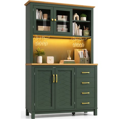 Buffet de rangement LED vert 4 portes avec étagères intérieures, tiroirs et poignées métal, meuble de cuisine 105,5 x 40 x 180 cm pour salon ou salle à manger CHICFURN (1/5)