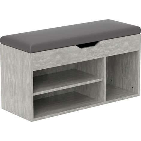 Zapatero acolchado que ahorra espacio con 3 estantes abiertos y almacenamiento oculto, de madera, 80x30x45 cm, negro y gris. (1/5)