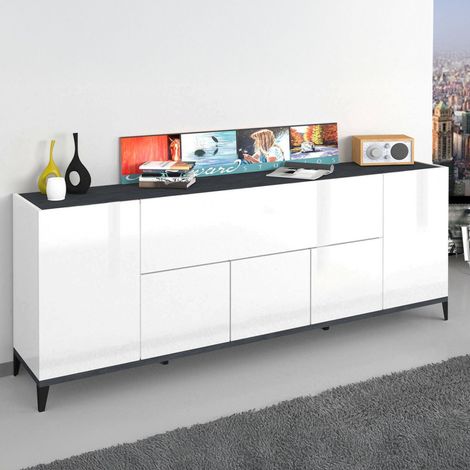 Dmora - Kommode Dnatal, Küchen-Sideboard mit 6 Türen, Wohnzimmer-Buffet, 100 % Made in Italy, cm 200x40h82, Weiß glänzend und Schiefer (1/5)