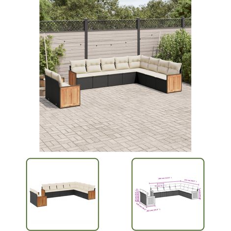 The Living Store 10-tlg. Garten-Sofagarnitur mit Kissen Schwarz Poly Rattan - Gartensorte - Gartenmöbelset - Polyethylen Möbel - Outdoor Lounge Set - Rattan Gartenmöbel (1/3)