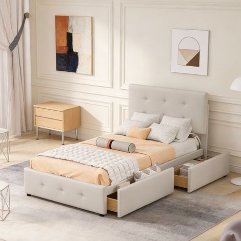 Struttura Letto NEXU - 90 x 200 cm - Letto Imbottito - 4 cassetti e rete - Letto Singolo - Velluto Beige