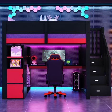 Lit Mezzanine gaming-bureau-LED-USB-rangements-escalier noir-rouge-252,5x145x170cm-Sans Matelas (1/5)
