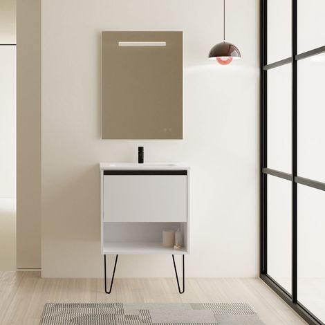 Meuble salle de bain simple vasque YOKO blanc brillant 60 cm Miroir non inclus (1/5)