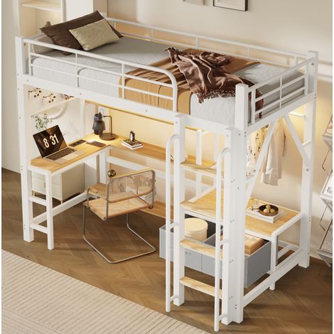 Hochbett 90x200cm Weiß - Stahlrahmen, Lochwand, Regale, Stoffschubladen, Schreibtisch, LED, USB, Geländer - Ohne Matratze (1/5)