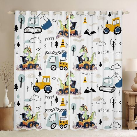 Rideaux de voiture dinosaure pour fenêtres, rideaux de camion excavatrice jaune en carton pour salon, rideaux occultants mignons à motif de camions d'équipement aquarelle et de dino 2 - 46W72L inch2 (1/5)
