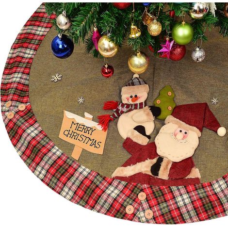 Jupe de sapin de Noël, tapis de sapin en lin et toile de jute à carreaux de 122 cm avec motif bonhomme de neige et Père Noël en 3D, pour décorations de Noël intérieures et extérieures.