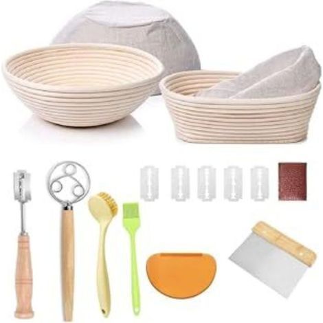 Ensemble de paniers de fermentation pour le levain, comprenant des paniers ronds et ovales en rotin 100 % naturel, un gressin, un pinceau à pâte, une spatule et une brosse. Kit pour l (1/5)