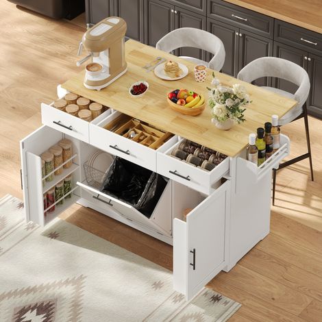 Isla de cocina móvil con encimera abatible, carrito de cocina con ruedas, 3 cajones grandes, 2 estantes con puertas y un cubo de basura, 136 × 50 (75) × 92 cm (1/5)